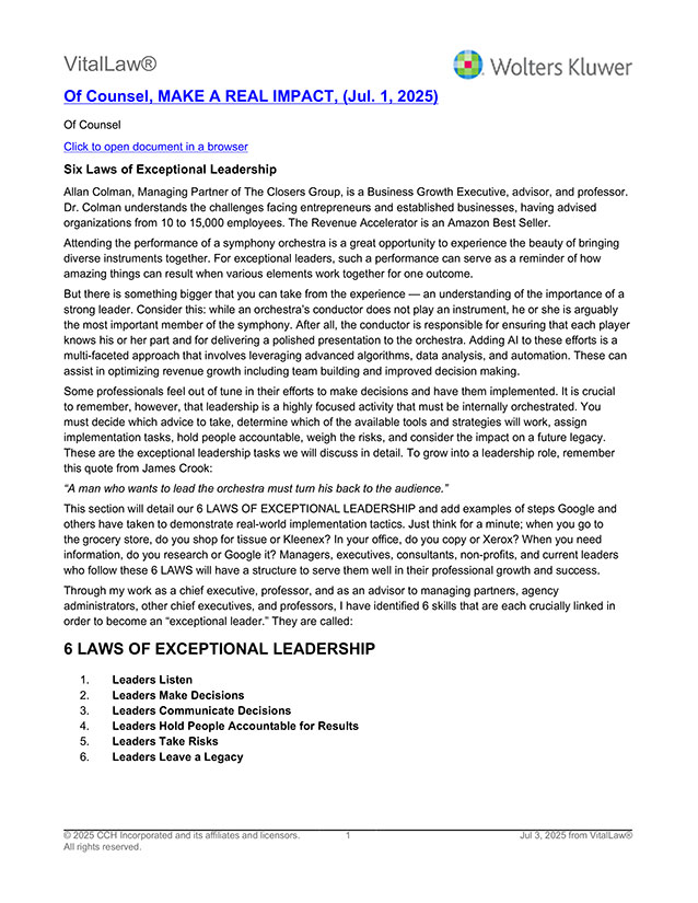 The first page of "Of Counsel, MAKE A REAL IMPACT, (Jul. 1, 2025)".